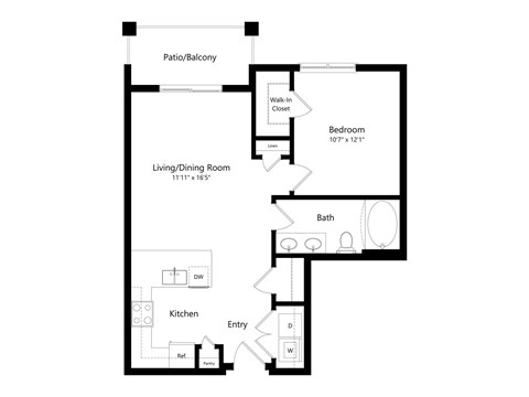 A floor plan of a home with a living room, dining room, kitchen, bathroom, and two bedrooms.